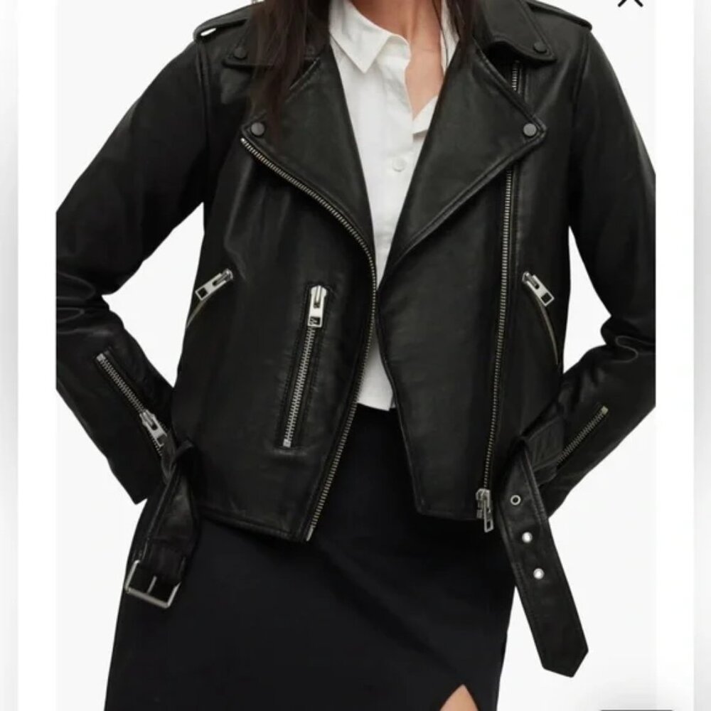 AllSaints Balfern Black Biker Cropped Belted Leather Jacket $528 New Sz 6 - Picture 4 of 16